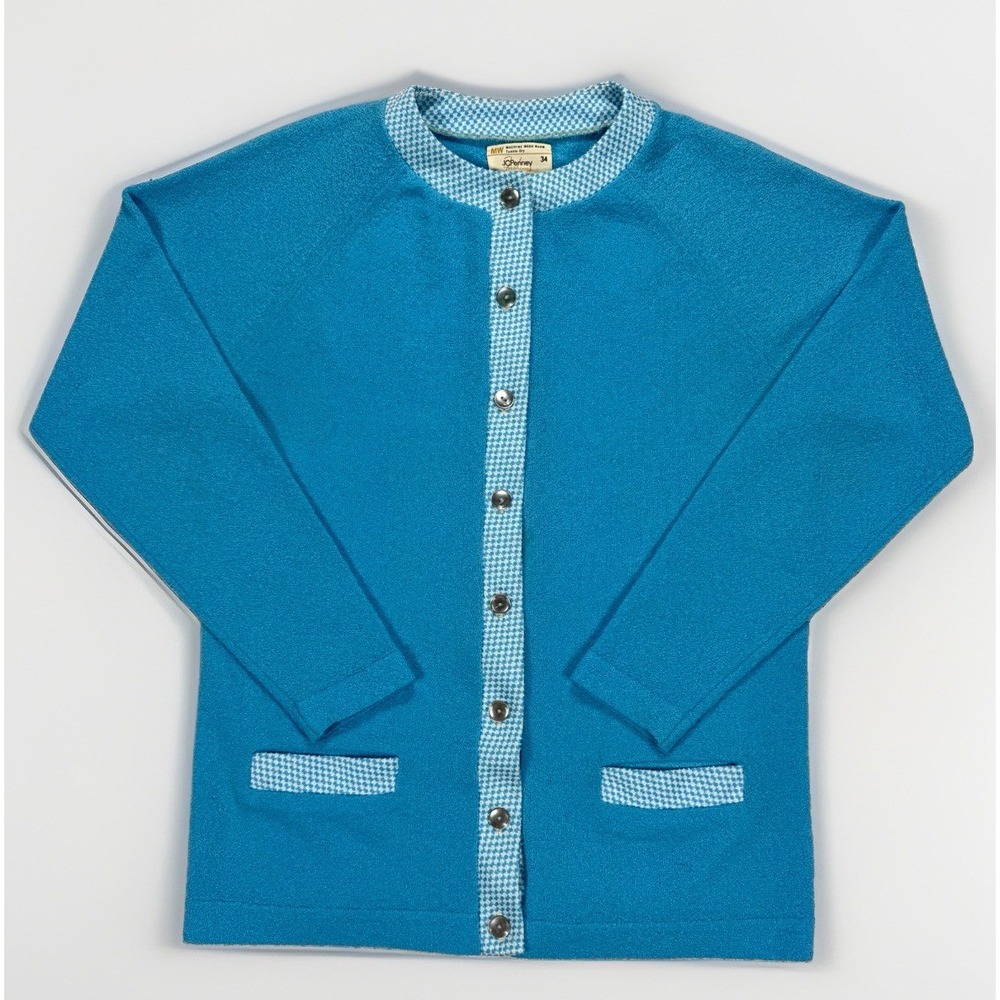 VTG JC Penney Cardigan Women's 34 Terry Knit Blue Mod 60s 70s Retro Mid Century
